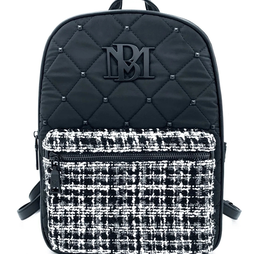 Badgley Mischka Diamond Quilted Nylon Backpack with a studded tweed pocket.
